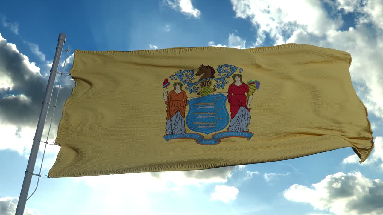 바람에 흔들리는 발 기둥에 새 jersey 발, 파란 하늘 배경.