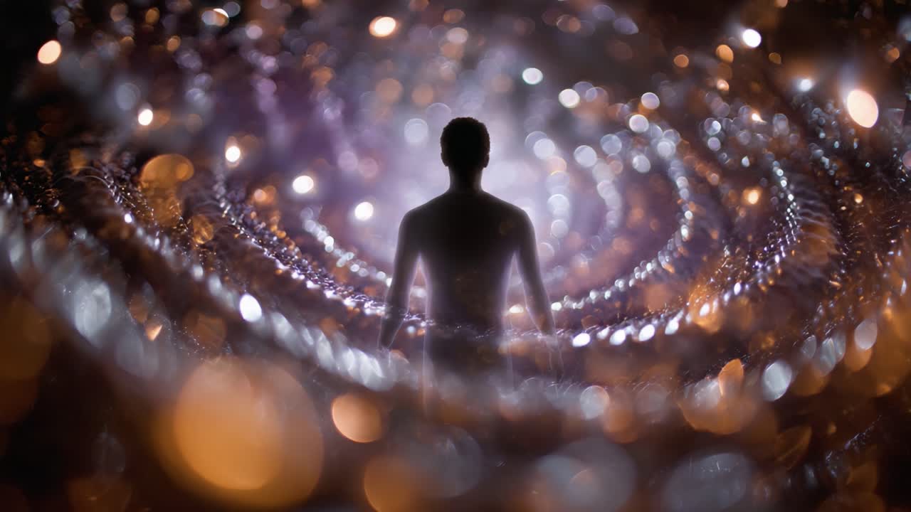 A figure meditates at the center of a mesmerizing swirl of light and bokeh, creating a serene atmosphere of peace and introspection in a dreamlike setting