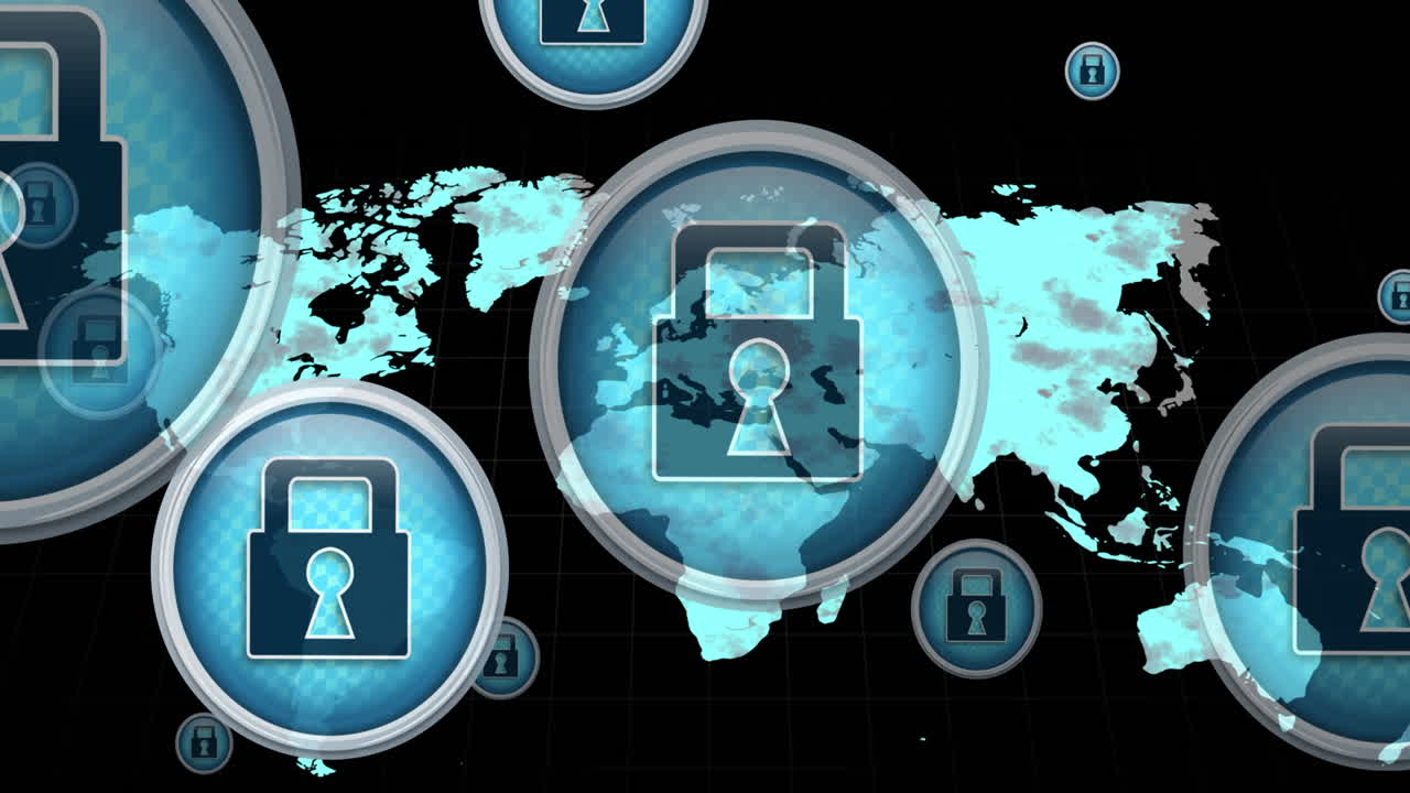 animación del mapa del mundo y los iconos de los medios en fondo negro