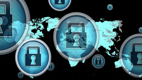 animation of world map and media icons on black background