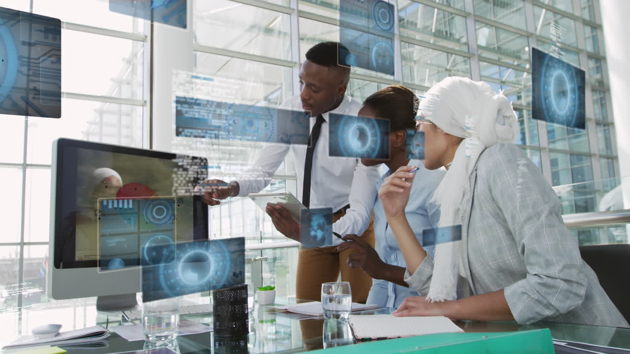 Animation of data processing over diverse business people in office