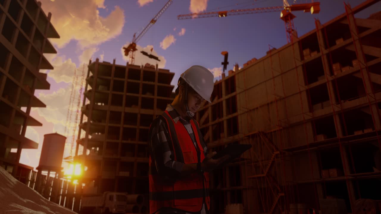Side View Of Asian Male Engineer With Safety Helmet Looking At The Tablet In His Hand And Looking Around While Standing At Construction Site, During Sunset Or Sunrise Time
