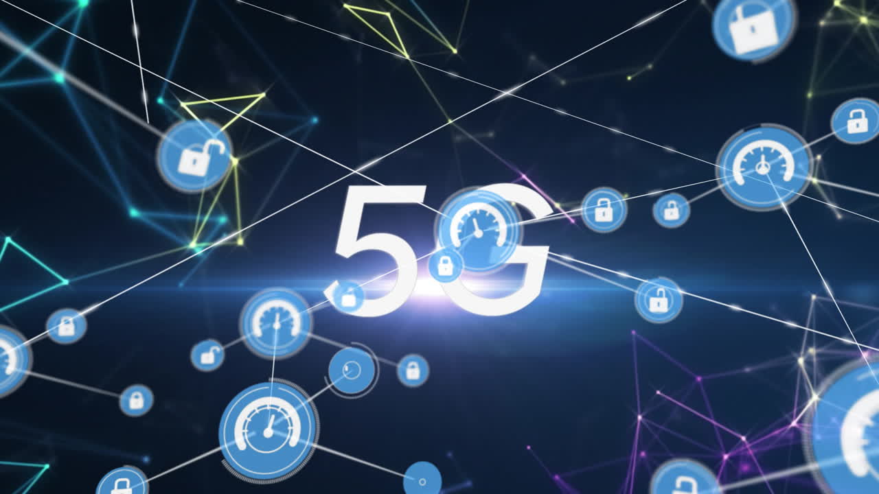 Animation of 5G technology with network connections and speed icons displayed