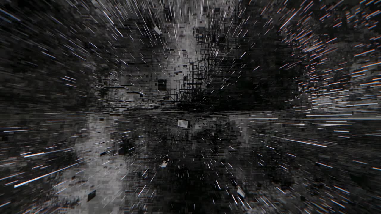 Emerging light streaks pushing viewer racing through digital tunnel with fragmented blocks sweeping