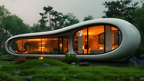futuristic pod house in a forest setting