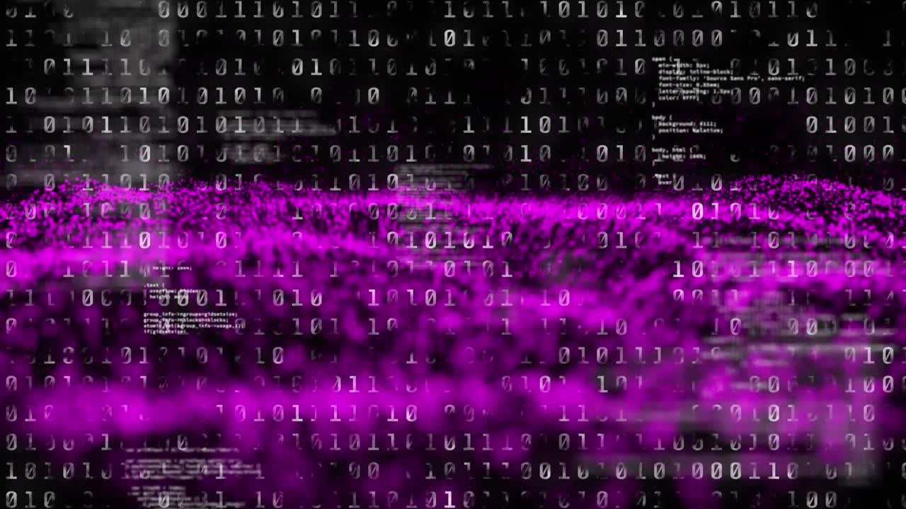 Animation of binary coding processing over abstract mesh with pink spots floating and waving