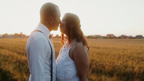 una pareja besándose en un campo de trigo al atardecer