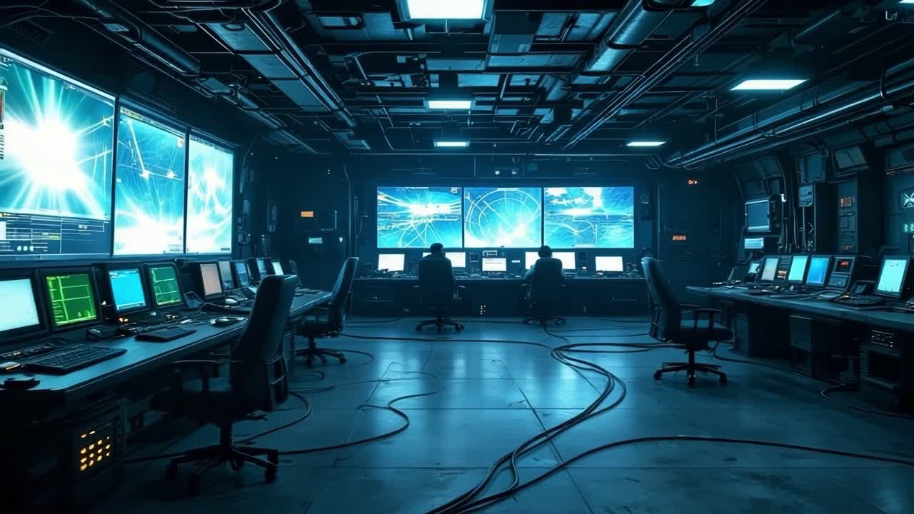 Futuristic Control Room with Multiple Monitors and Operators
