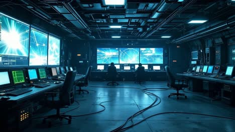 futuristic control room with multiple monitors and operators