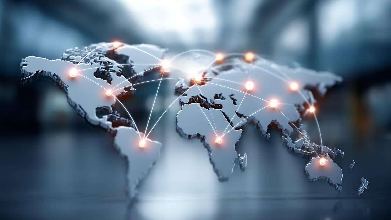 Global Network Connection: A Modern Visualization of Interconnected Continents and Data Exchange Across Borders and Cultures in a Digital Age