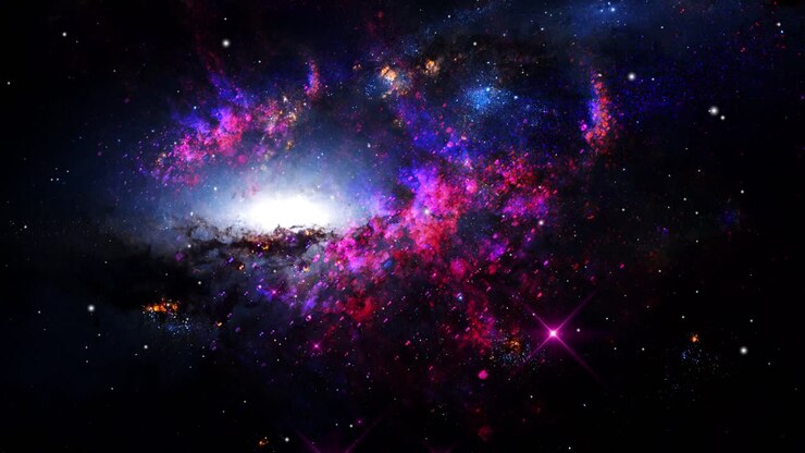 eine galaxie, umgeben von einer roten nebelwolke, die sich im universum bewegt