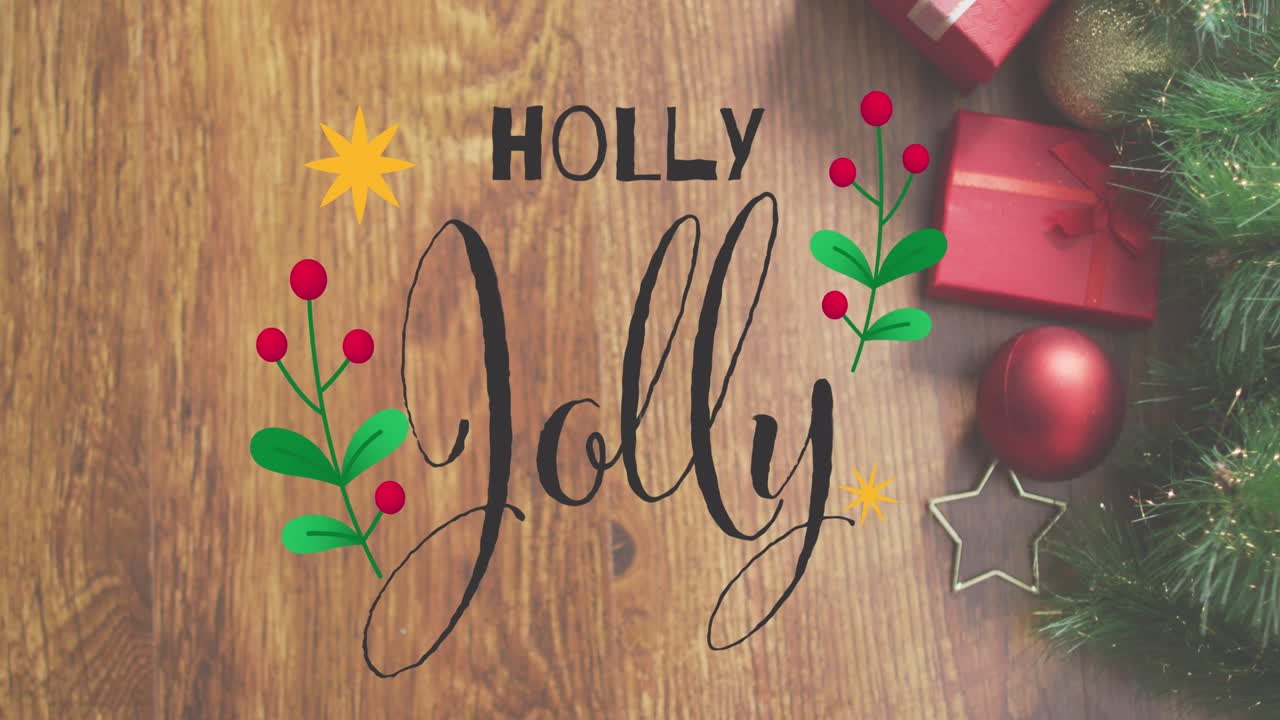 Animasjon av teksten "Holly Jolly" over juledekorasjon