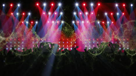 silhouetted crowd raising phones and arms through haze, shifting red blue white lights in 3d render