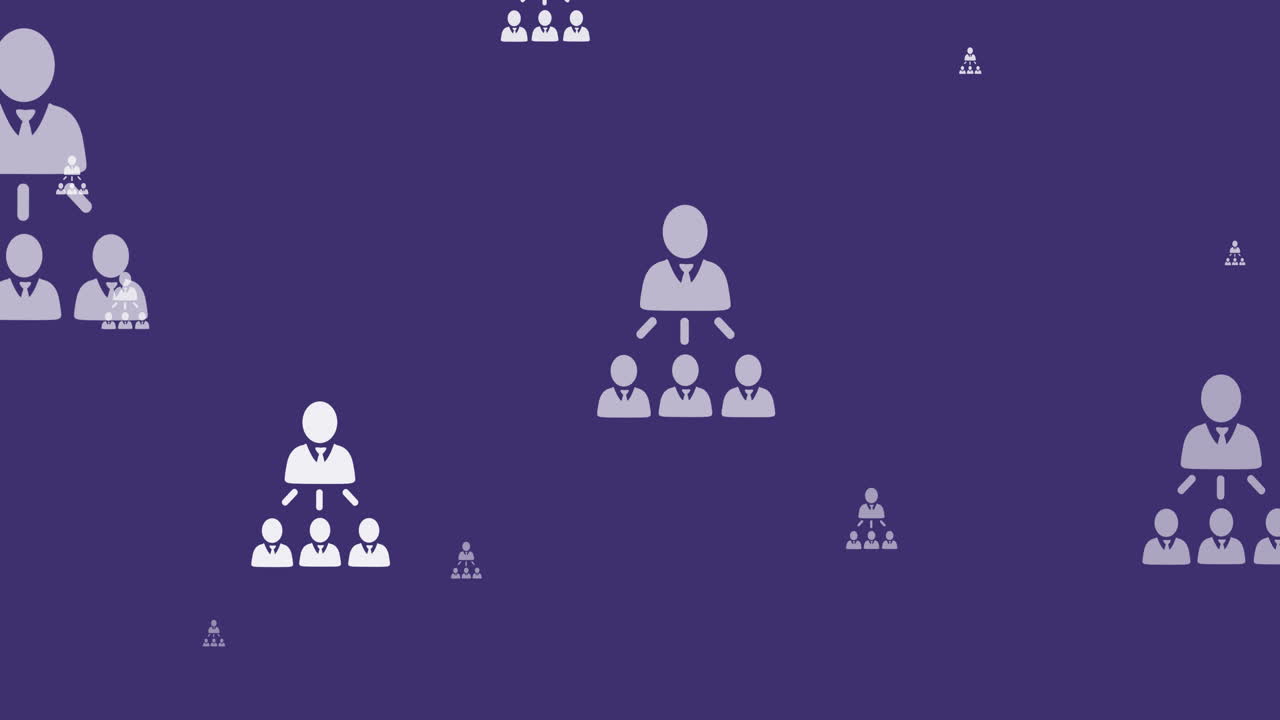 Animation of networks of white people icons flying up over purple background