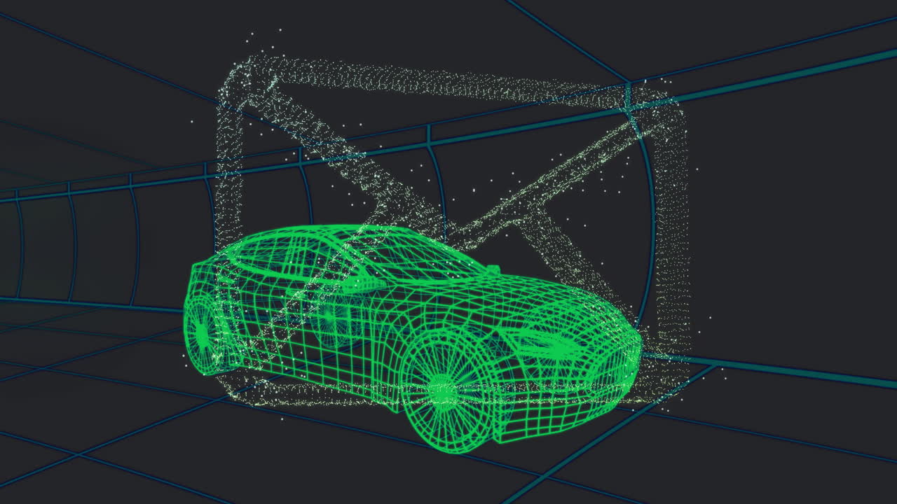 In futuristic tunnel, animation of green wireframe car with digital envelope symbol