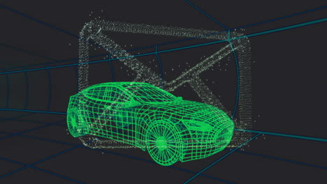 in futuristic tunnel, animation of green wireframe car with digital envelope symbol