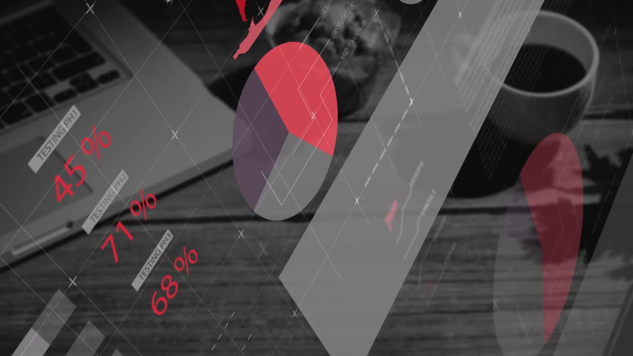 책상에 있는 사무실 장비에 대한 통계 데이터 처리의 디지털 복합 비디오