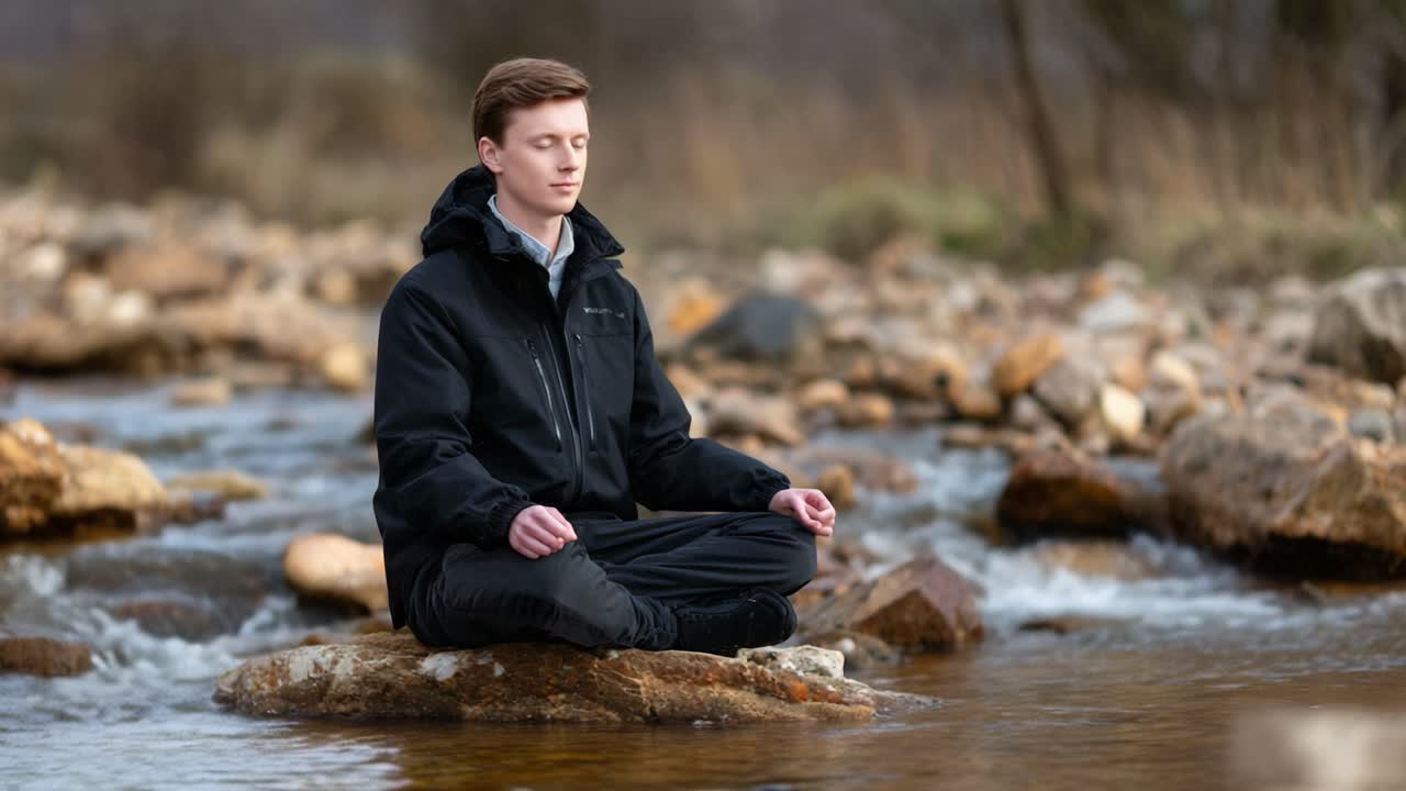 A Serene Moment of Mindfulness: A Young Man Meditating Peacefully on a Rock in a Flowing Stream Surrounded by Nature's Tranquility and Natural Beauty