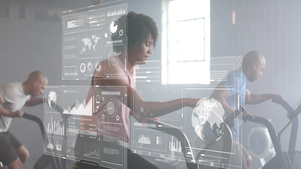 체육관에서 운동하는 다양한 사람들의 디지털 데이터 처리의 애니메이션