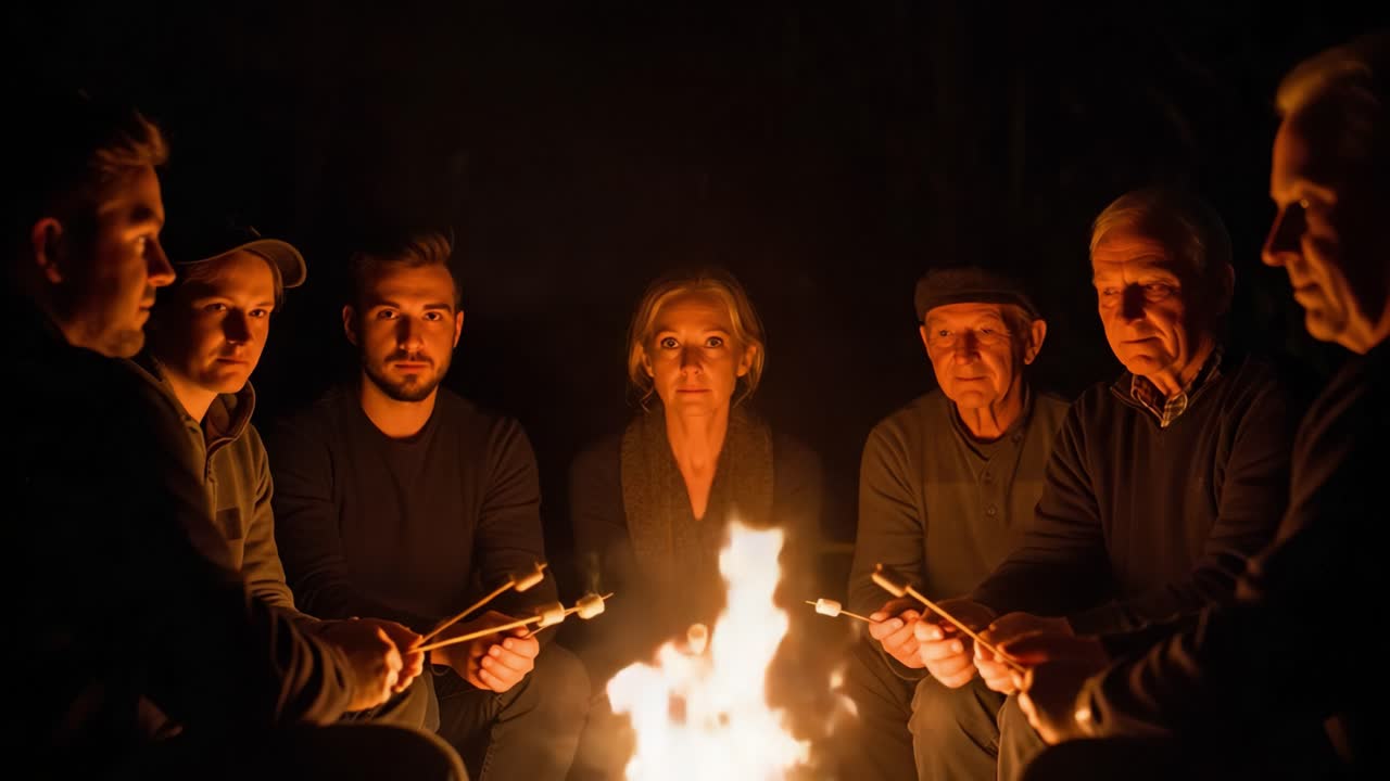 A Heartwarming Gathering Around a Cozy Campfire: Friends Sharing Stories and Roasting Marshmallows Under the Stars, Creating Lasting Memories Together