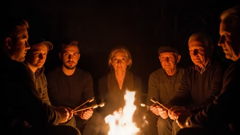 a heartwarming gathering around a cozy campfire: friends sharing stories and roasting marshmallows under the stars, creating lasting memories together