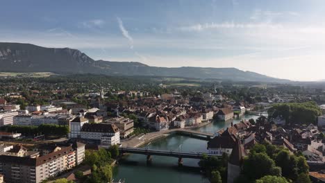 aerial view of olten city and bridge crossing river in switzerland
