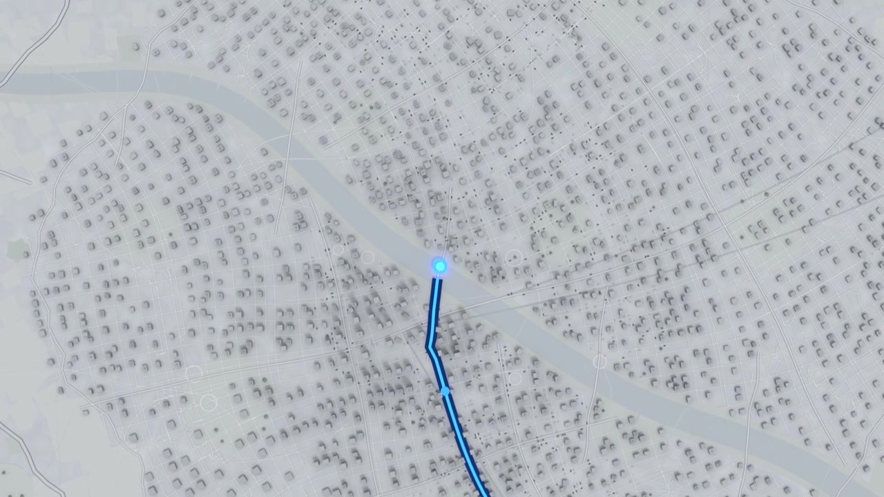 Animating pulsing dot at start pin, blue route drawing on aerial map, tracing path to marker