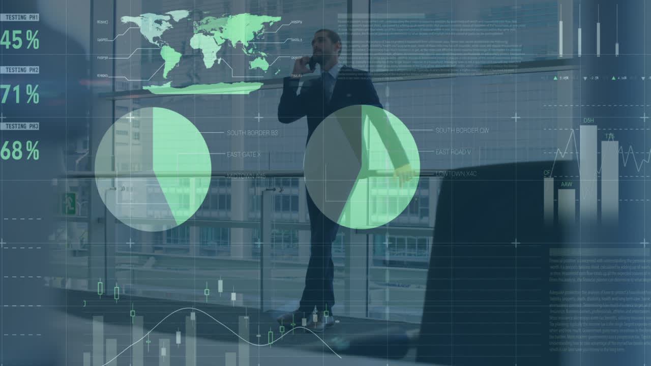 animación de datos financieros y gráficos sobre un empresario caucásico que usa un teléfono inteligente