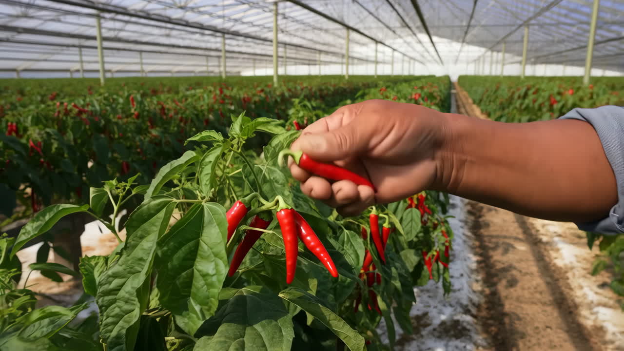 Harvesting Red Peppers in a Greenhouse