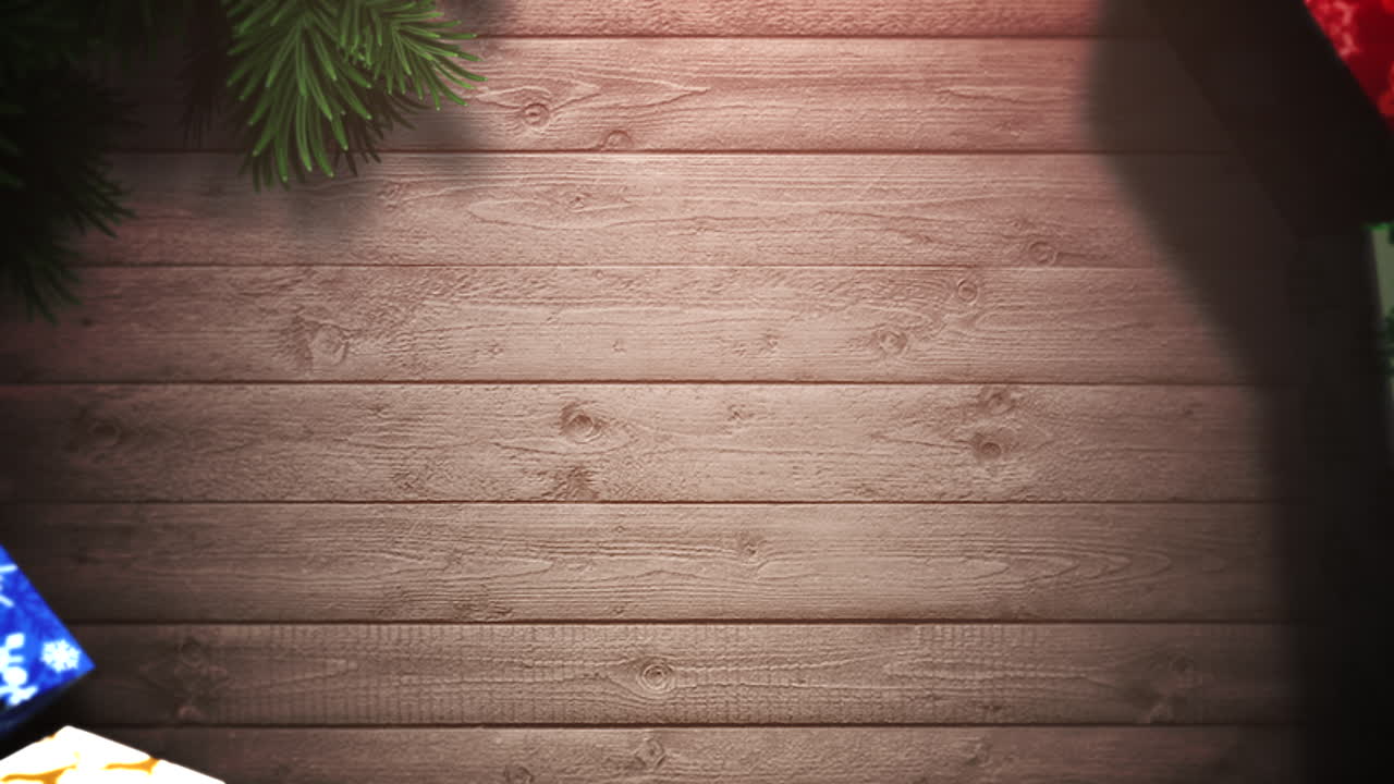 Primo piano animato di pacchi regalo e rami verdi dell'albero