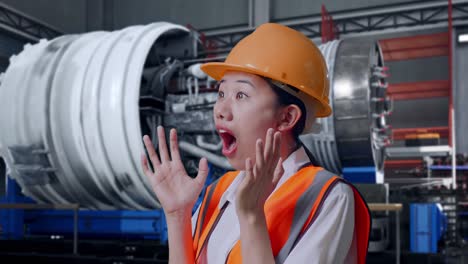 close up side view of asian female engineer with safety helmet smiling and saying wow while standing with airplane engine maintenance conducted