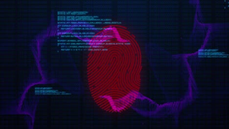animación de la huella digital biométrica, la onda digital y la red de conexiones sobre un fondo oscuro