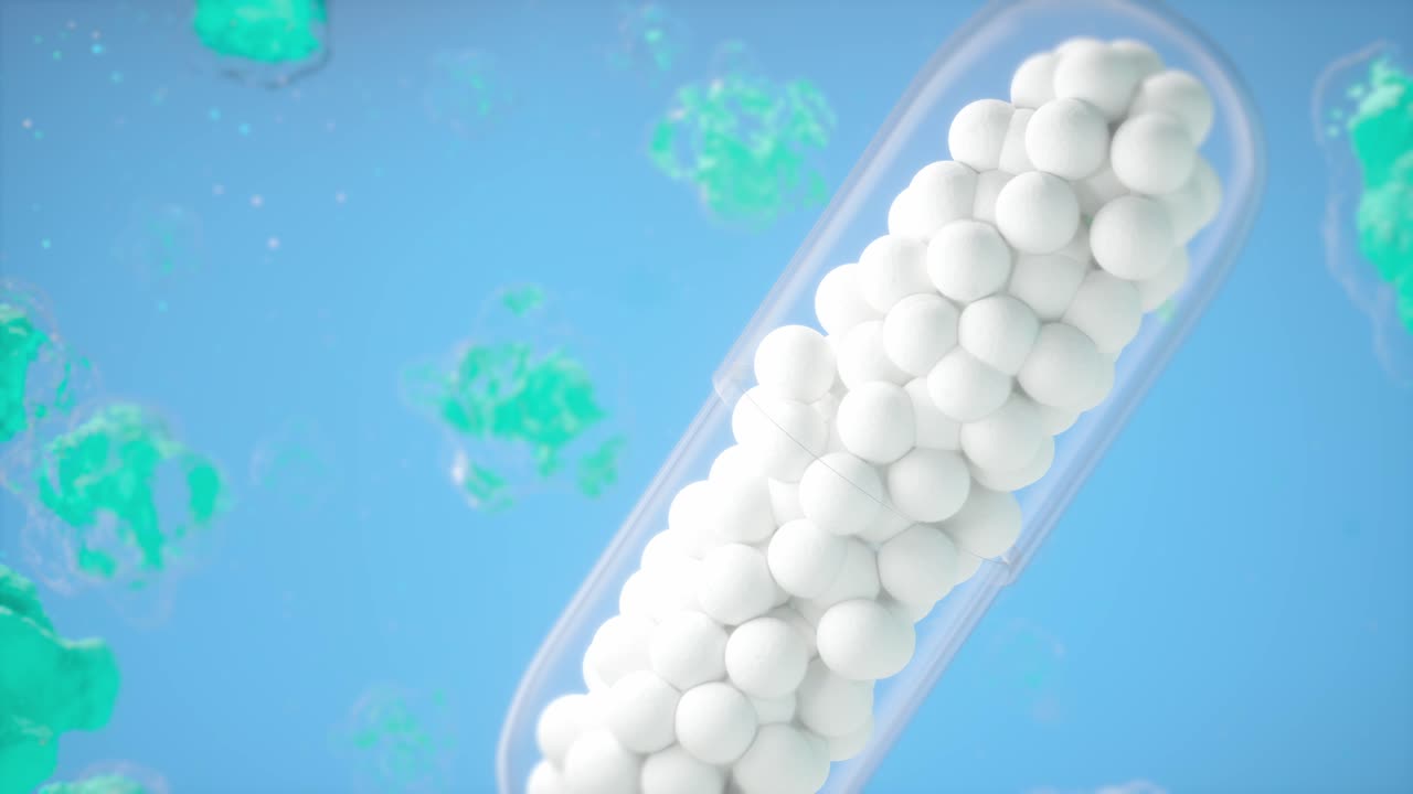 cápsula médica con concepto biomédico, 3d probiótico, solución para la piel de ácido hialurónico, cápsulas analgésicos, antibióticos, vitaminas, aminoácidos, minerales, aditivo bioactivo, ciencia de la salud deportiva.