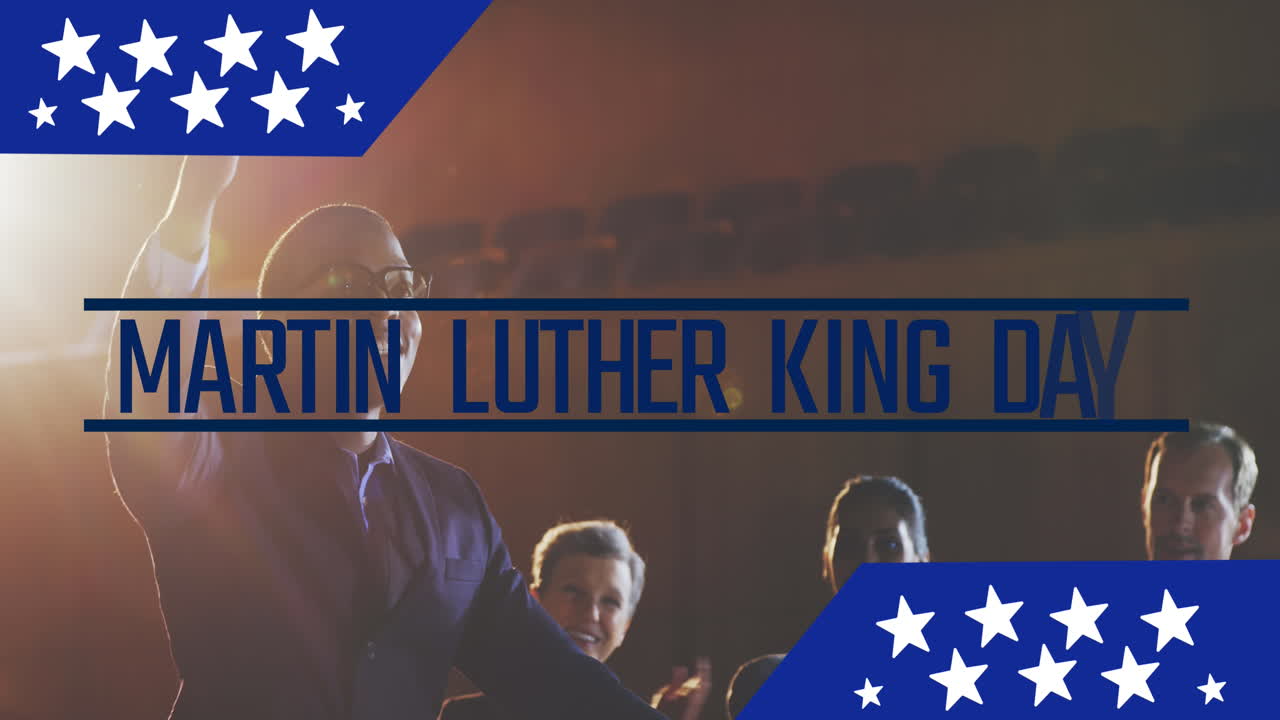 마틴 루터 킹 주니어 데이 문자 배너 아프리카계 미국인 남자가 연설을 하는 것에 대해