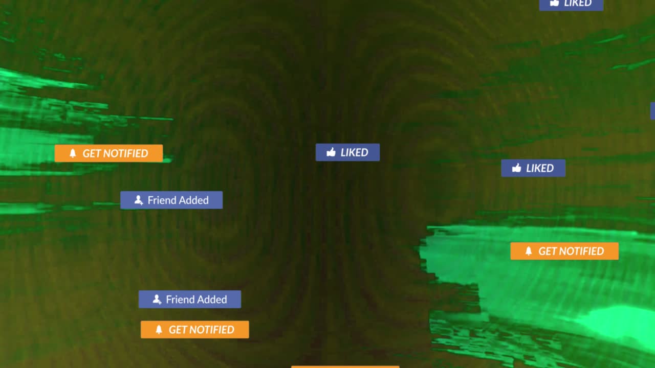 Animation of online notifications floating across screen with strobing green background
