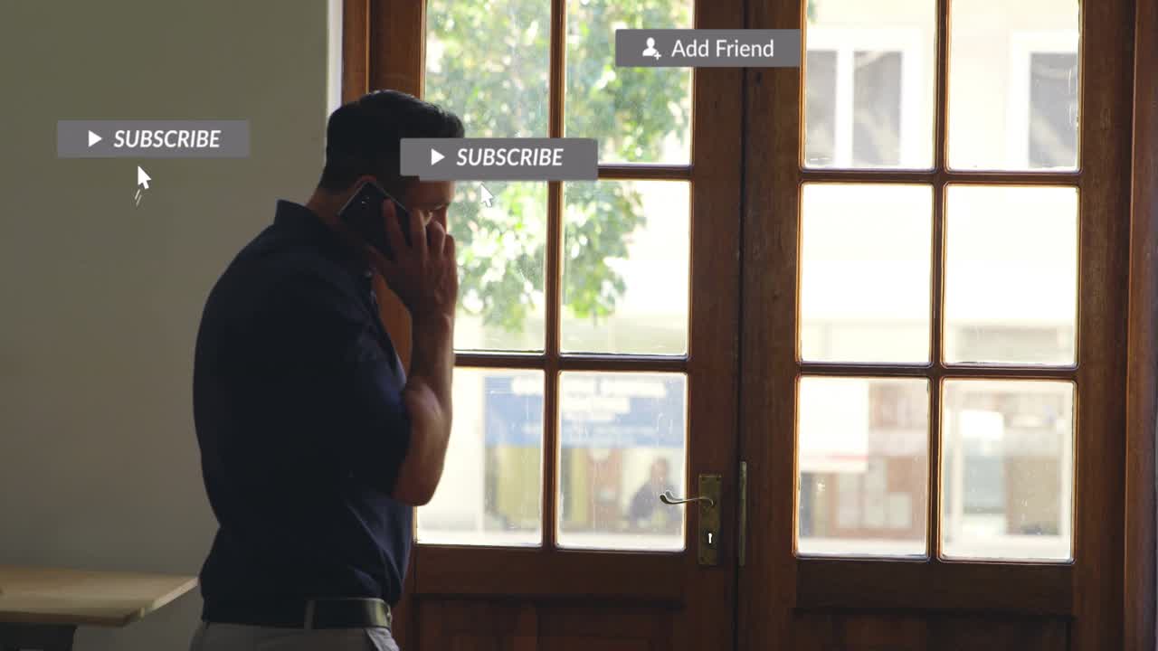 Male pro talking into cell by door call starting promo badges clustering around man then clearing