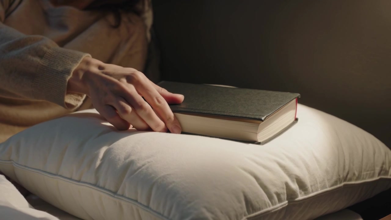 Una donna con un maglione color cammello posa un libro con copertina rigida su un cuscino bianco accanto al letto, mentre una lampada proietta luce.