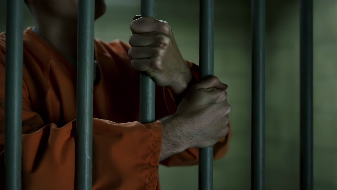 Person in Orange Jumpsuit Gripping Prison Bars