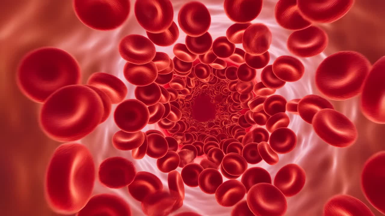 Microscopic View of Red Blood Cells Flowing in a Vessel