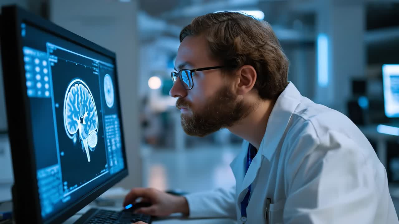 doctor analyzing brain scan on computer monitor