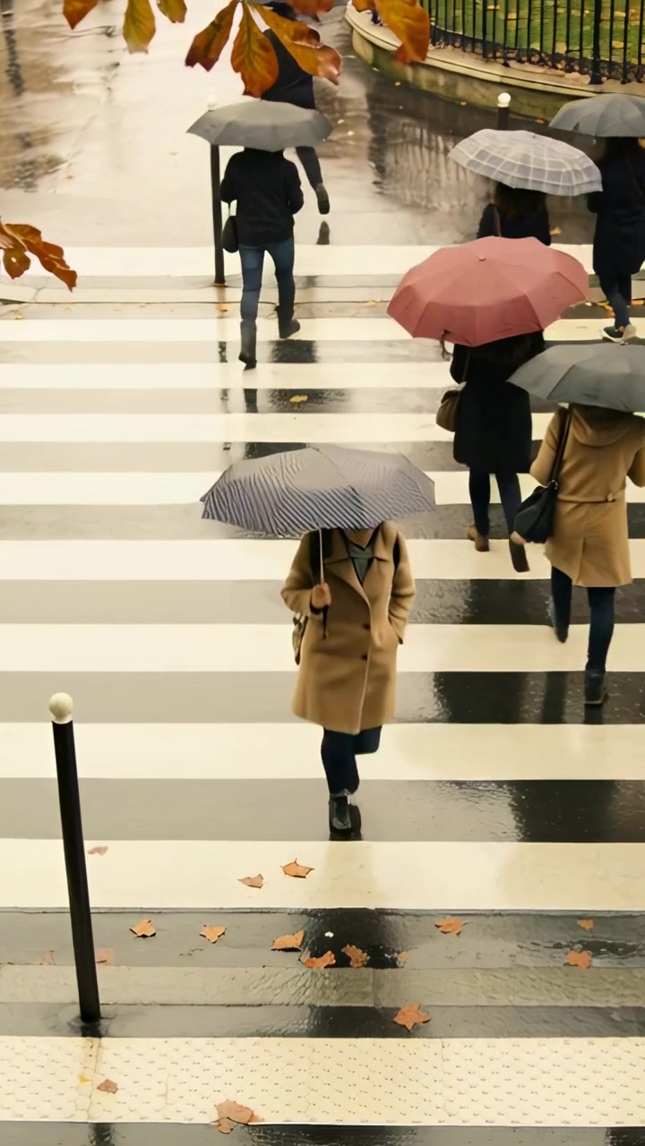 Vertical video: Walking woman in beige trench crossing wet zebra crossing, holding striped umbrella