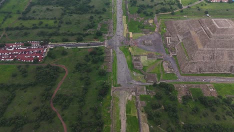 aerial film of the pyramid of the sun and avenue of the dead in teotihuacan, mexico