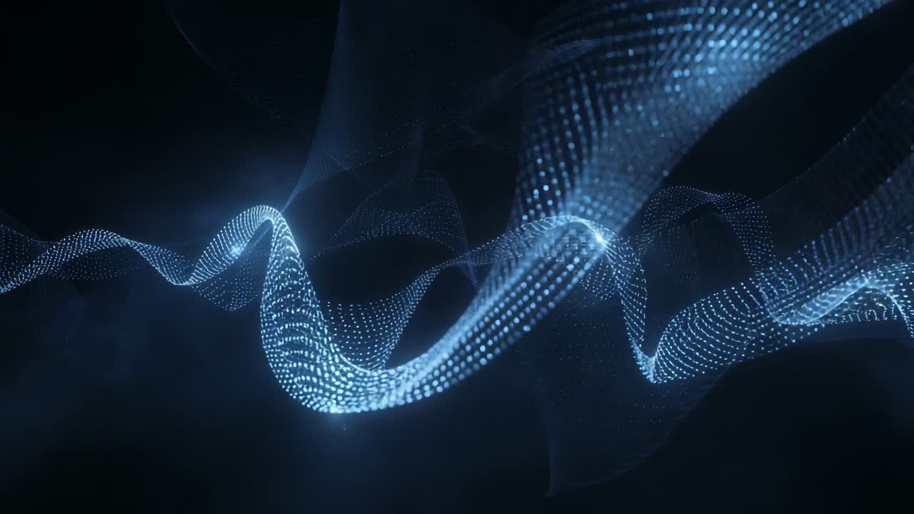 Entering left-center, luminous ribbon undulating in dark void, showing traveling blue nodes