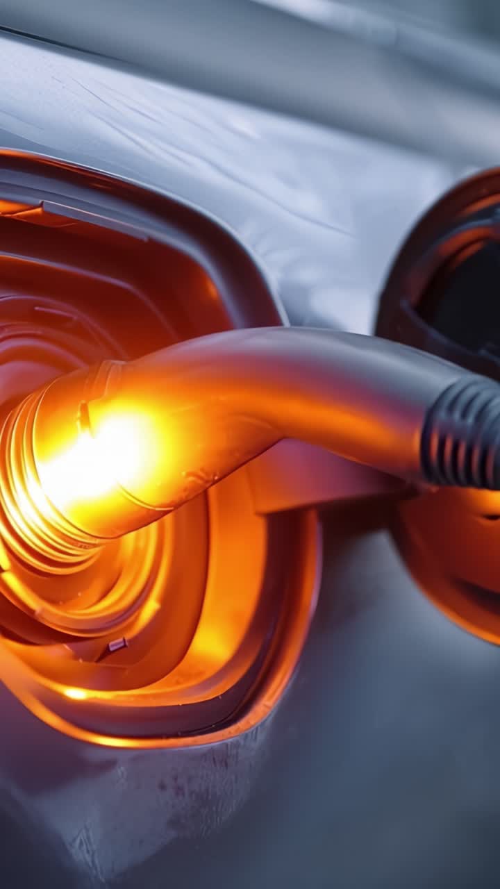 Carga de Vehículo Eléctrico: Un primer plano del proceso de carga, desde la conexión inicial hasta el suministro de energía, con la activación de luces indicadoras vibrantes.