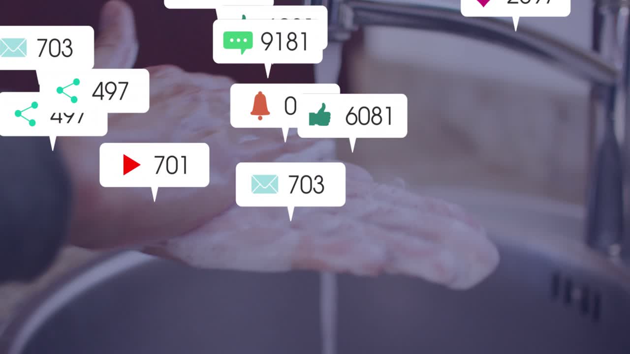 Woman washing hands at faucet rubbing palms spawning icons rising to show social media engagement