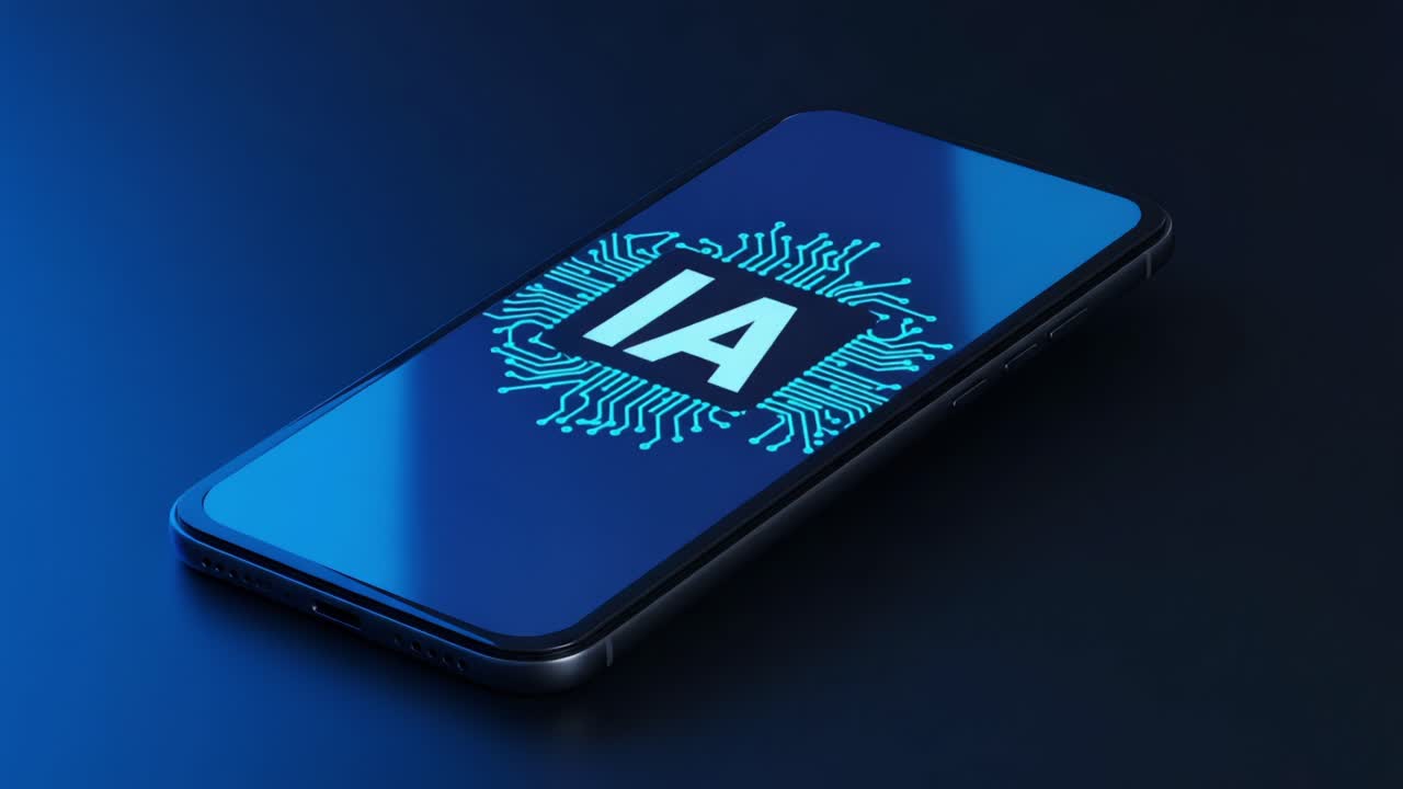 A modern smartphone displaying an intricate graphic design that features the letters 'IA' at its center, symbolizing the integration of advanced artificial intelligence and technology in our daily lives