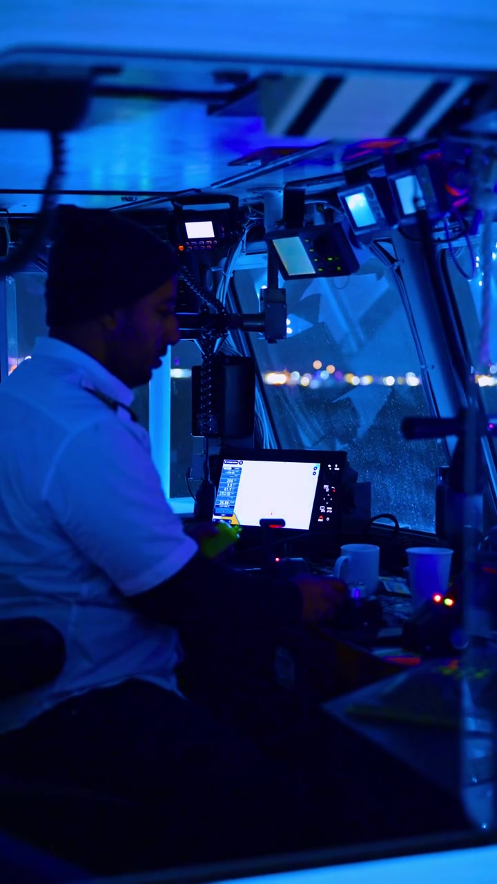 New York, USA, 15 April 2026: Captain operating ferry boat controls in New York harbor. Inside a darkened boat cockpit with blue lighting showing a captain at the controls with navigation screens.