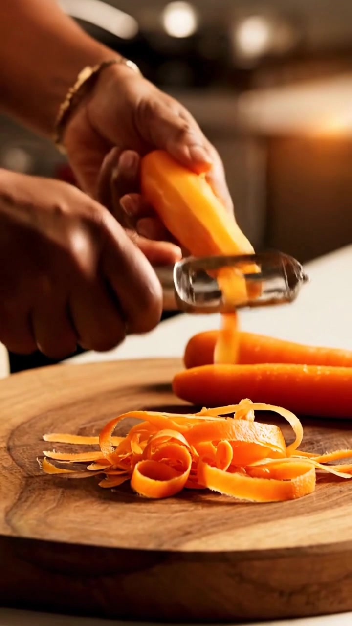 Person peeling fresh organic carrot on wooden cutting board