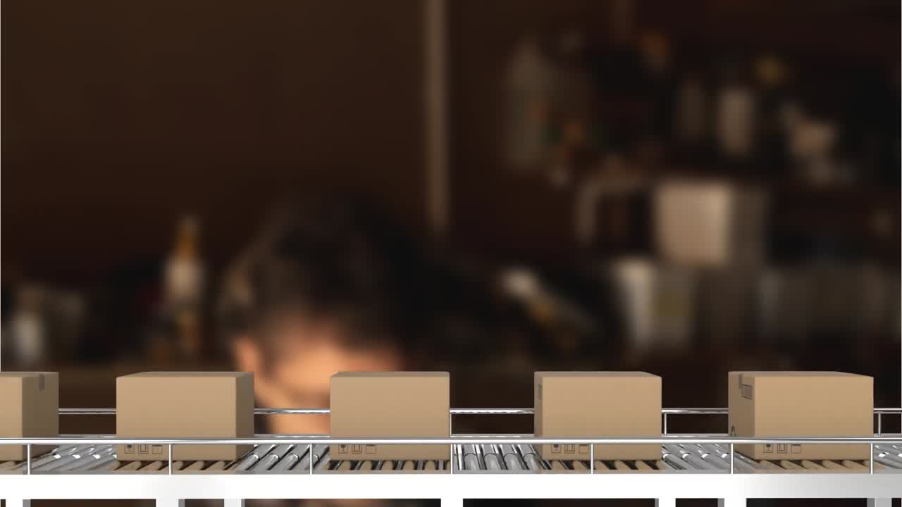 창고에서 컨베이어 벨트에서 움직이는 패키지의 애니메이션