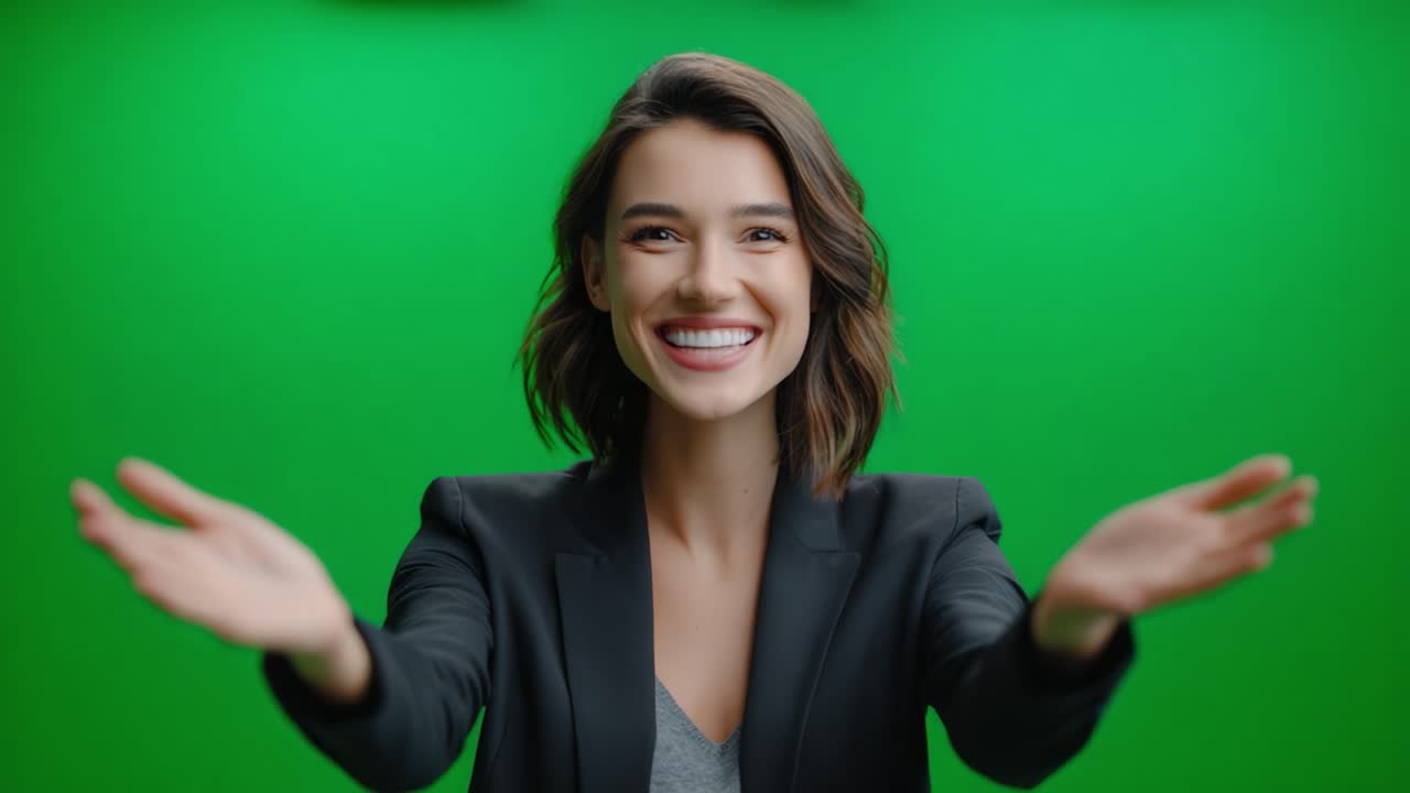 A Bright and Cheerful Woman Welcoming with Open Arms Against a Vibrant Green Background, Radiating Joy and Positivity in Every Frame